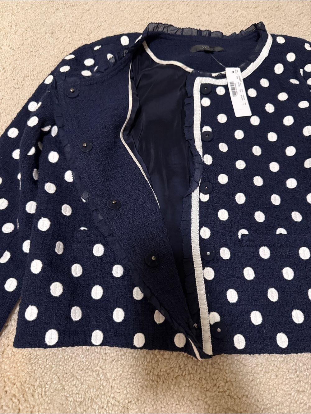 NWT J.Crew Navy Jacket in white polka-dot textured tweed | Size 4 - Picture 9 of 12
